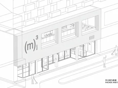 Architectural line drawing of a contemporary coffee shop facade with large glass windows, open ground floor, and pedestrians on the sidewalk.