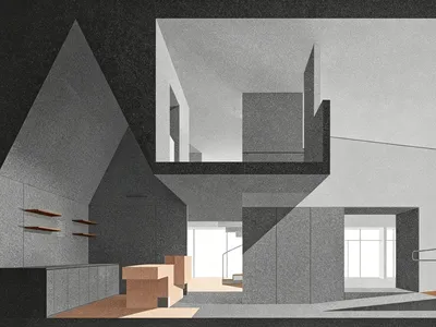 Architectural rendering of a modern brutalist living room featuring exposed concrete walls, a floating staircase, built-in wooden shelves, and terracotta modular sofas.