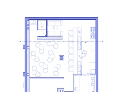 餐廳技術平面圖，包含大型開放式圓桌用餐區、長型服務吧台、廚房與洗手間。