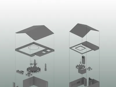 單色調3D爆炸軸測圖，由上而下展示豪華圓形餐廳的所有建築層次、家具與天花板細節。