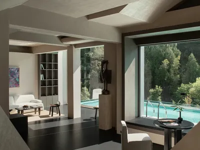 Modern minimalist living room featuring massive concrete architectural volumes, dark polished floors, white furniture, and large windows overlooking a swimming pool surrounded by forest.