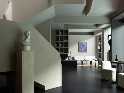 Modern minimalist living room featuring a massive sculptural concrete staircase, dark polished floors, white minimalist furniture, and abstract art in a double-height space with dramatic architectural forms.