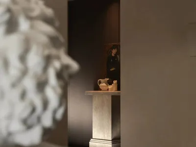 當代極簡客廳視角，前景有白色大理石古典半身像，中央為擺放裝飾品的洞石基座，搭配深色地板與中性色調的嵌入式座椅區。