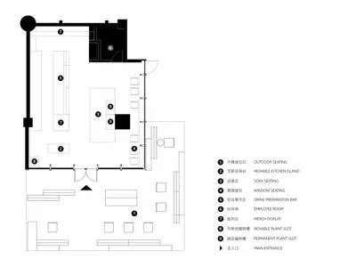 Black and white architectural floor plan of a modern cafe showing numbered zones for outdoor seating, movable kitchen island, sofa seating, window seating, drink preparation bar, employee room, merch display, and plant slots.