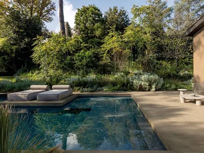 Modern outdoor terrace with a dark infinity swimming pool, concrete deck, outdoor lounge beds, wireframe chairs, and a dense green forest garden in the background.