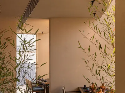 優雅的中式餐廳室內，深木色餐桌、布面座椅與茂密竹植形成自然框景，魚骨紋木地板上灑落柔和光影。