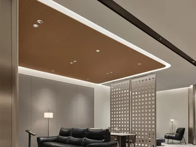 Modern luxury lounge with black leather sofa, curved wood ceiling with recessed lighting, decorative lattice room divider, and neutral-toned walls.