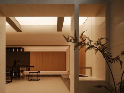 Modern minimalist interior featuring concrete walls, warm wood cabinetry, black metal furniture, and dramatic skylights creating soft natural illumination.