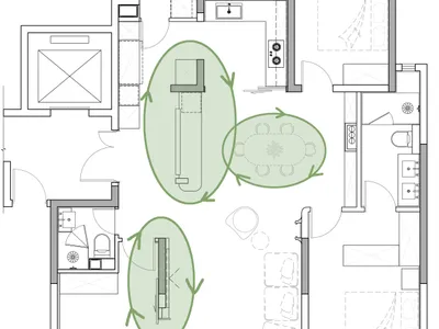 三房公寓俯視建築平面圖，顯示各房間配置、家具位置，並以綠色標示主要動線區域。