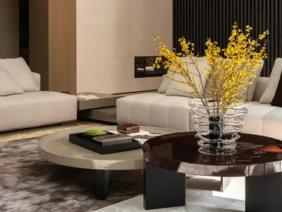 Contemporary luxury living room featuring a beige L-shaped sectional sofa, round coffee tables in dark wood and light stone, a dark vertical slatted accent wall, and a large glass vase with yellow flowering branches.