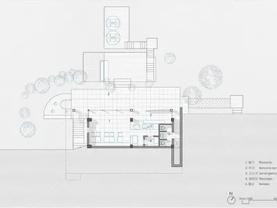 Technical floor plan drawing of a modern Italian restaurant including dining hall, bar counter, restrooms, storage, and rooftop terrace with north orientation indicator.
