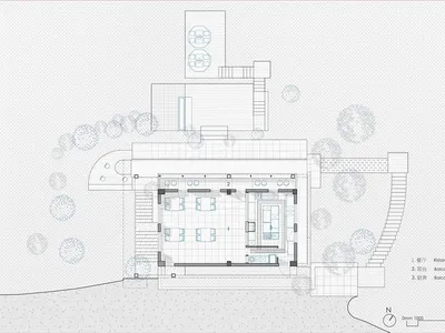 現代餐廳技術性建築平面圖，標示用餐區、廚房、兩座陽台及周邊庭園配置，包含指北針與比例尺。