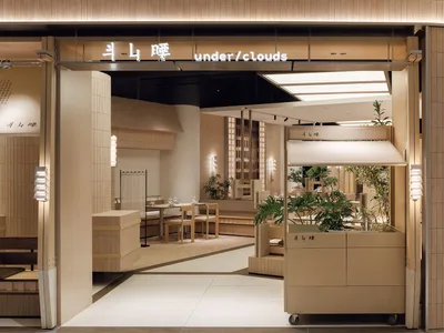 Entrance view of a contemporary Japanese restaurant named Under Clouds featuring extensive light wood paneling, built-in seating, abundant greenery, and soft layered lighting fixtures.