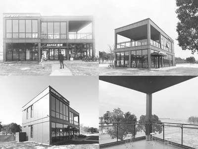 台灣捷安特與那湃自行車店的黑白建築照片，展示其極簡工業風格、大面積玻璃帷幕與懸臂上層設計。