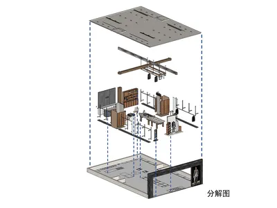 精品店立體分解軸測圖，展示地板平面、天花板配置、木質裝置、服裝展示架與陳列單元的分層3D視圖。