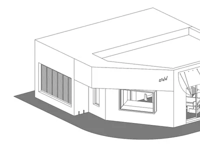 Isometric architectural drawing of a minimalist concrete retail store with large glass windows, louvered side facade, and prominent angled awnings.