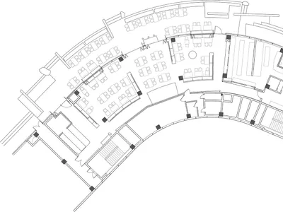 黑白建築平面圖，顯示弧形餐廳內含大量桌椅、卡座、包廂及服務區域。
