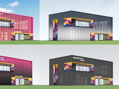 六張建築效果圖，展示橙色、粉紅色與黑色版本的 Giant 與 Napan 品牌貨櫃快閃商店，擁有彩色立面細節。
