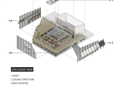 現代戶外餐廳建築爆炸圖，展示屋頂、天花結構、吧台、玻璃帷幕牆、木構屏風及大量綠化植栽。
