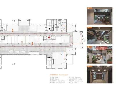 商業建築五樓建築平面圖，包含房間圖例、動線路徑，以及A至D四張室內實景照片。