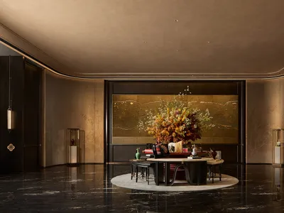Elegant contemporary Chinese living room featuring a large round conversation area on a white rug, dramatic gilded folding screen, massive autumnal floral arrangement, and high-gloss black marble floor reflecting warm ambient lighting.