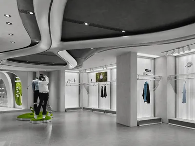 現代高爾夫服飾店內部，擁有流線型雕塑天花板、混凝土牆面、金屬衣架與綠色互動展示平台。
