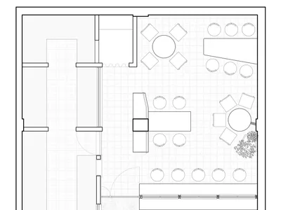 黑白建築平面圖，顯示多分區餐廳，包含用餐區、圓桌與方桌、卡座 seating 以及景觀戶外露台。