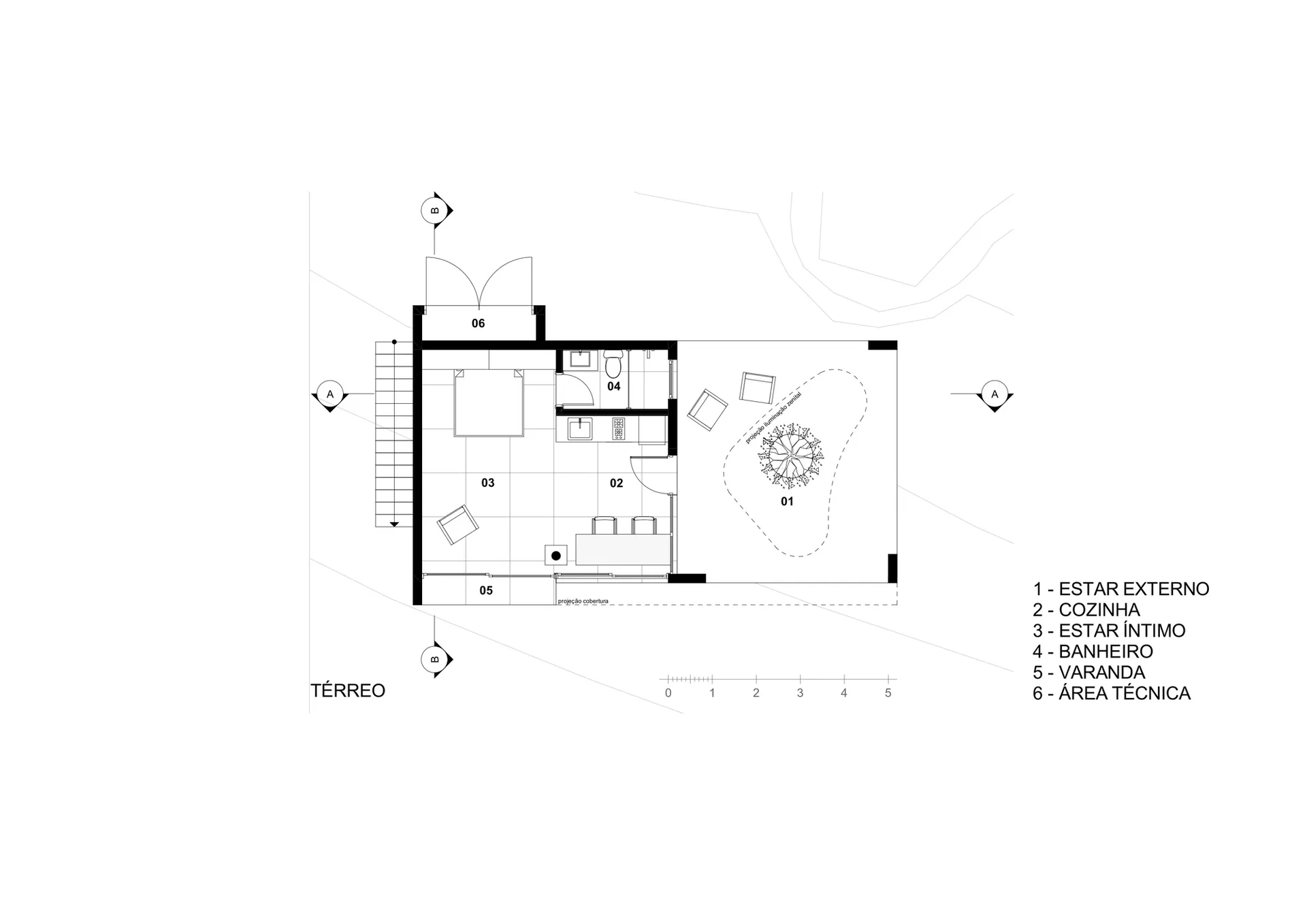 Minimalist residential interior floor plan with white background, featuring a living room, kitchen, bedroom, bathroom, balcon