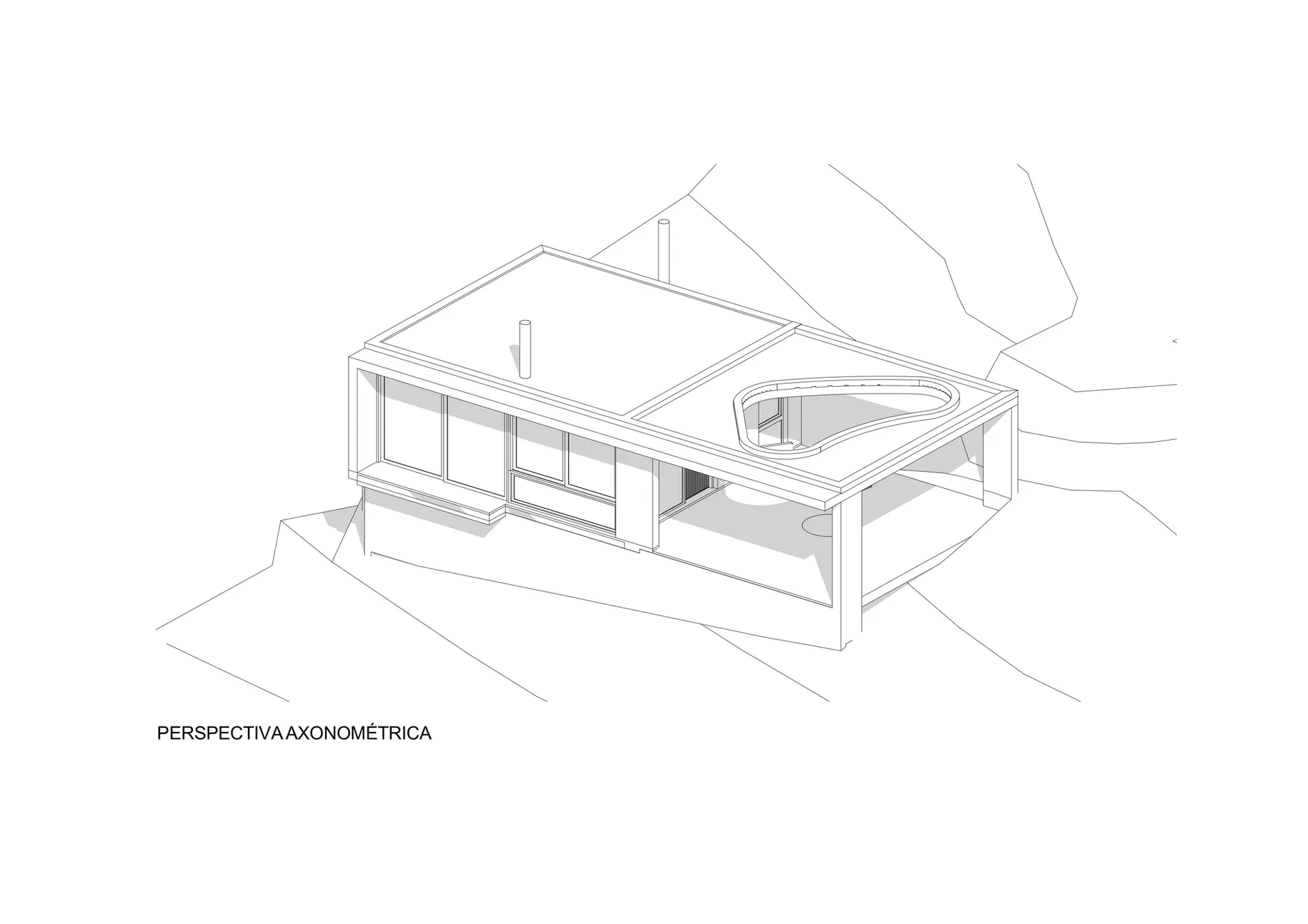 A modern house with glass walls and concrete structure.