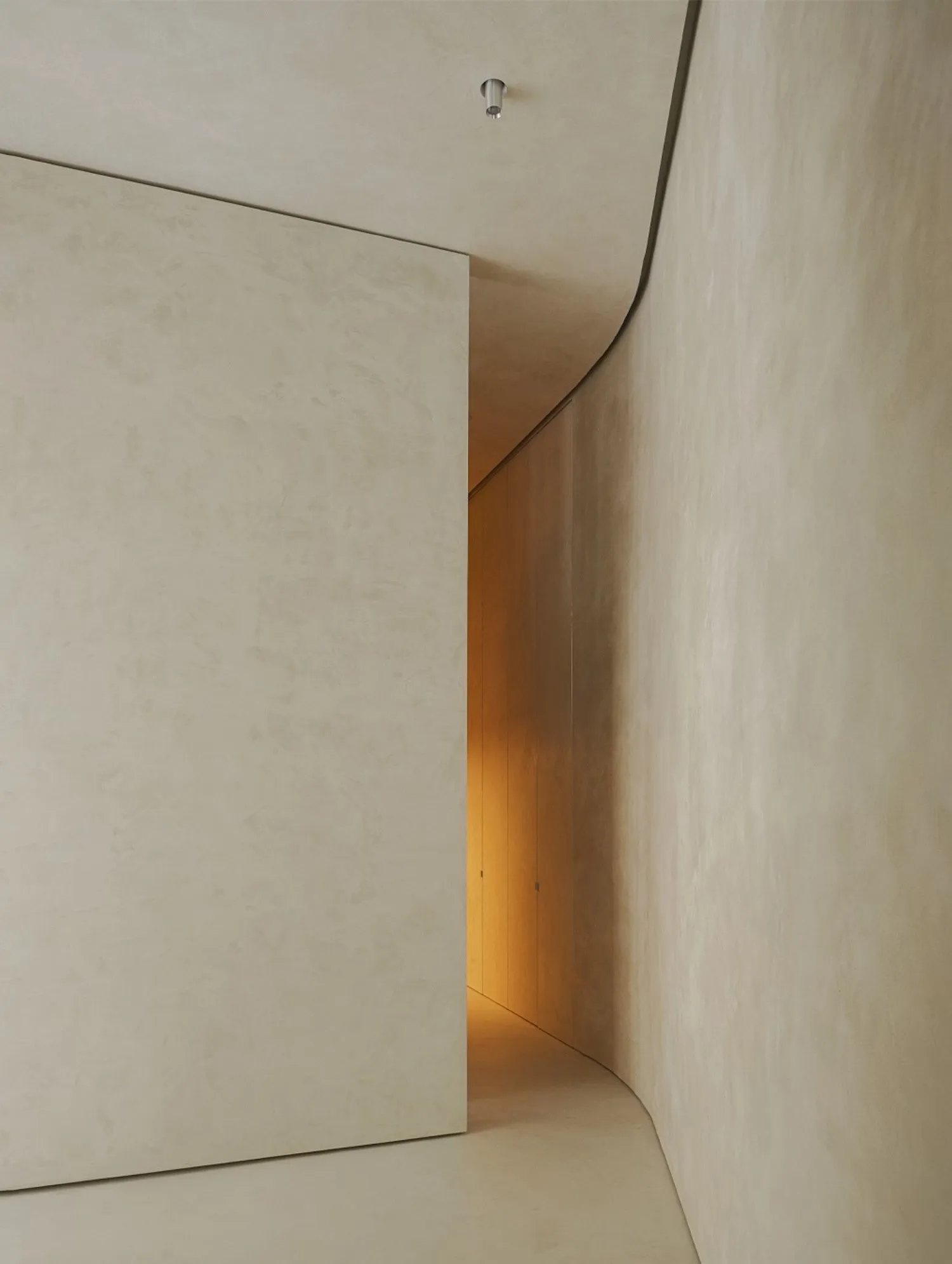 A minimalist interior design featuring concrete and wooden elements, with soft lighting and clean lines.