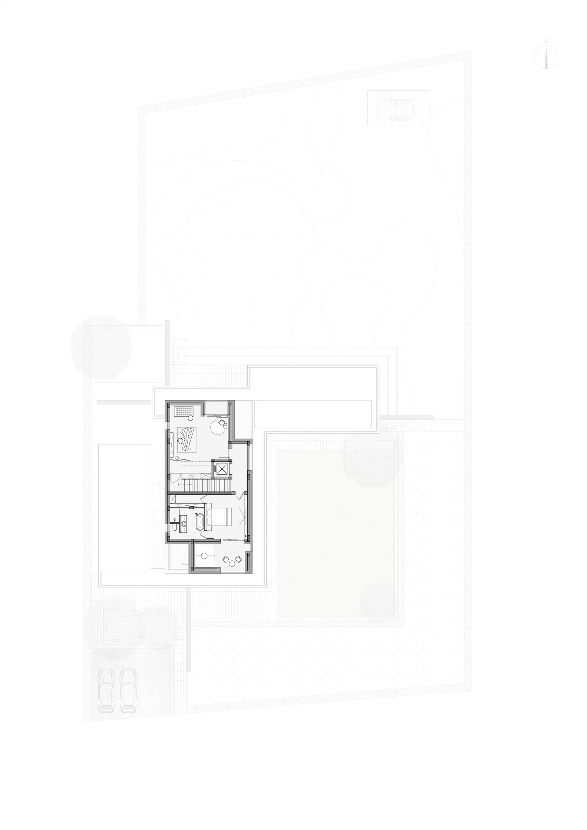 Modern architectural floor plan with a rendered/photographic view.