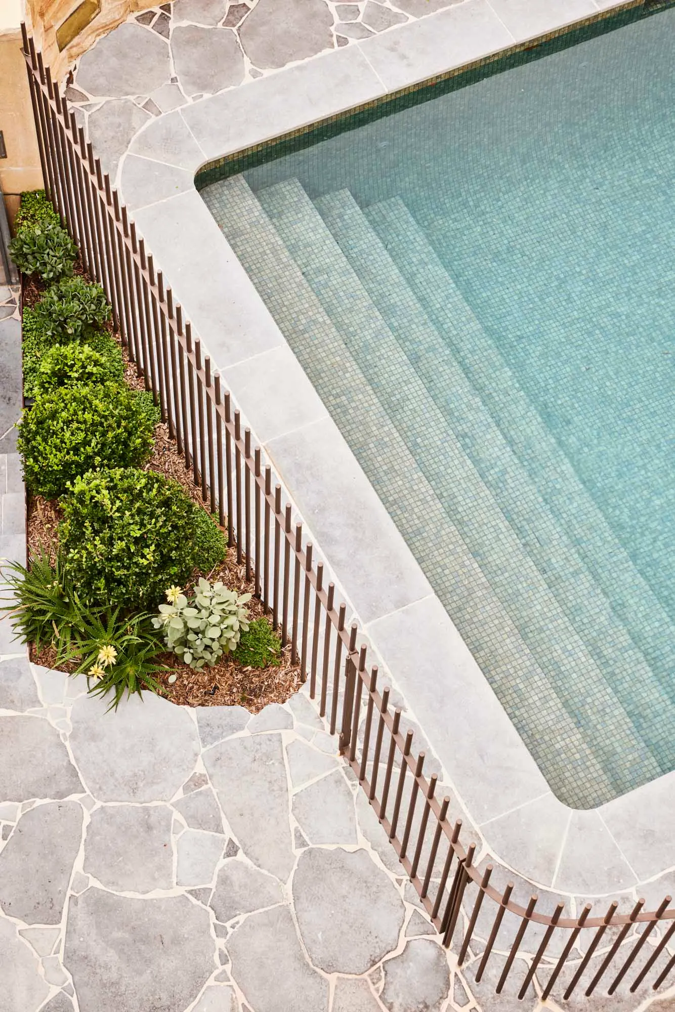 A modern minimalist pool with blue water, surrounded by stone flooring and a metal railing, and adorned with green plants.