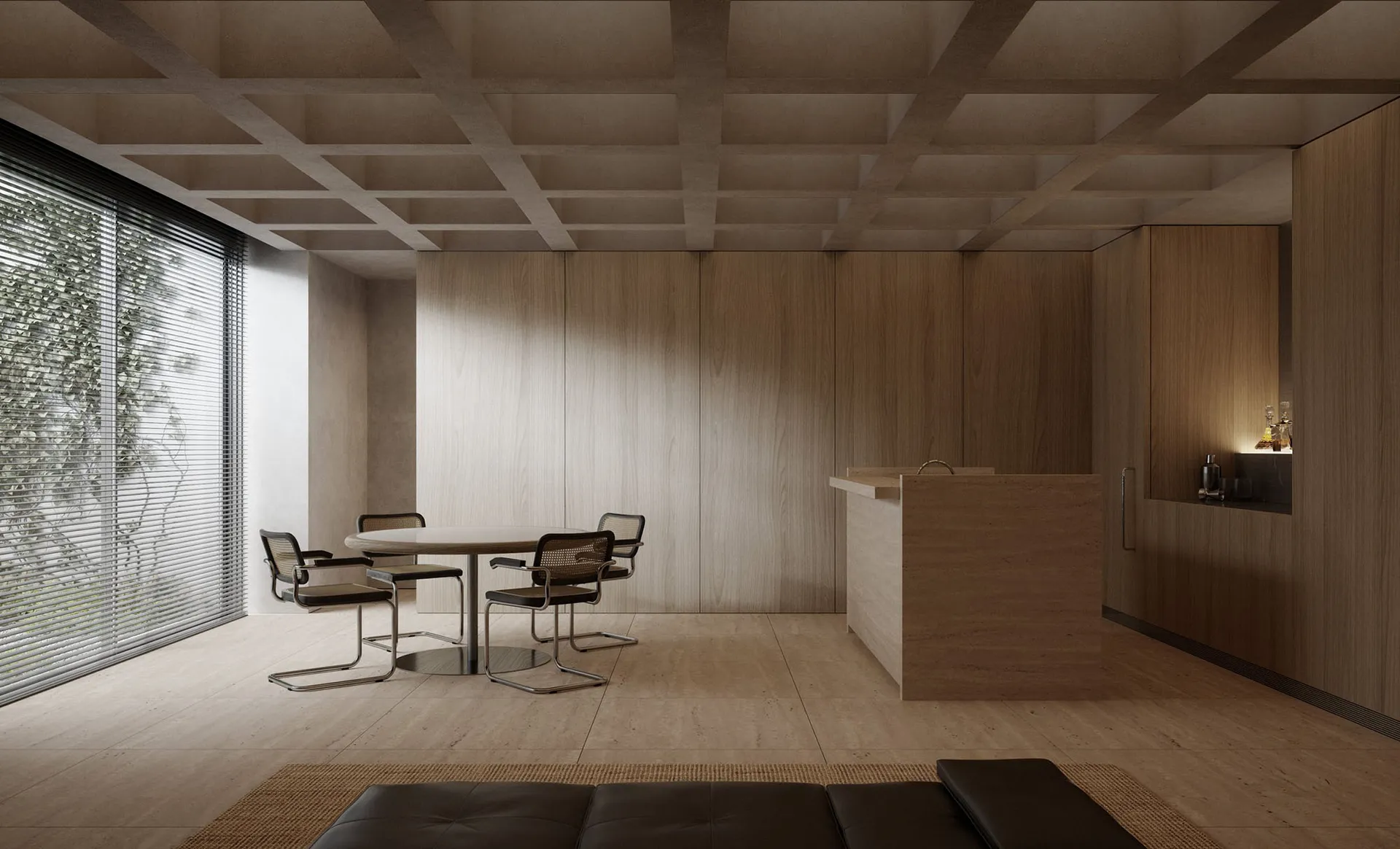 A modern office space featuring a wooden table surrounded by chairs, with a concrete ceiling and floor, and large window with