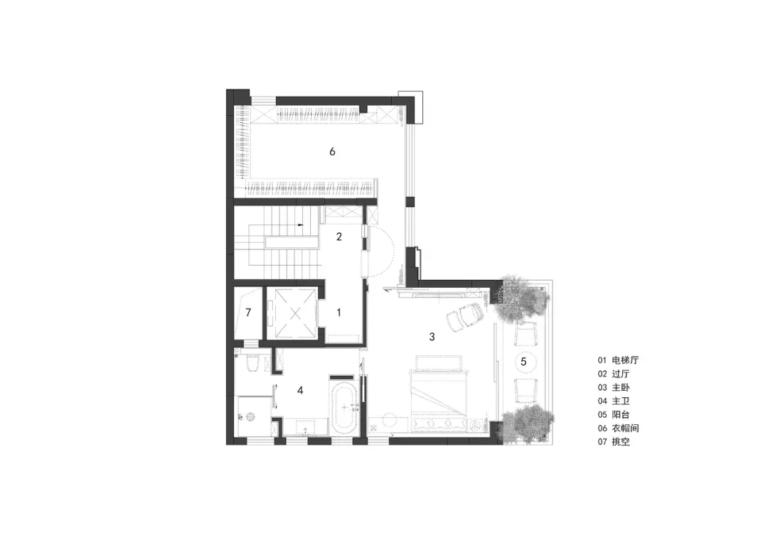A floor plan of a modern residential space showing the layout of rooms and areas.
