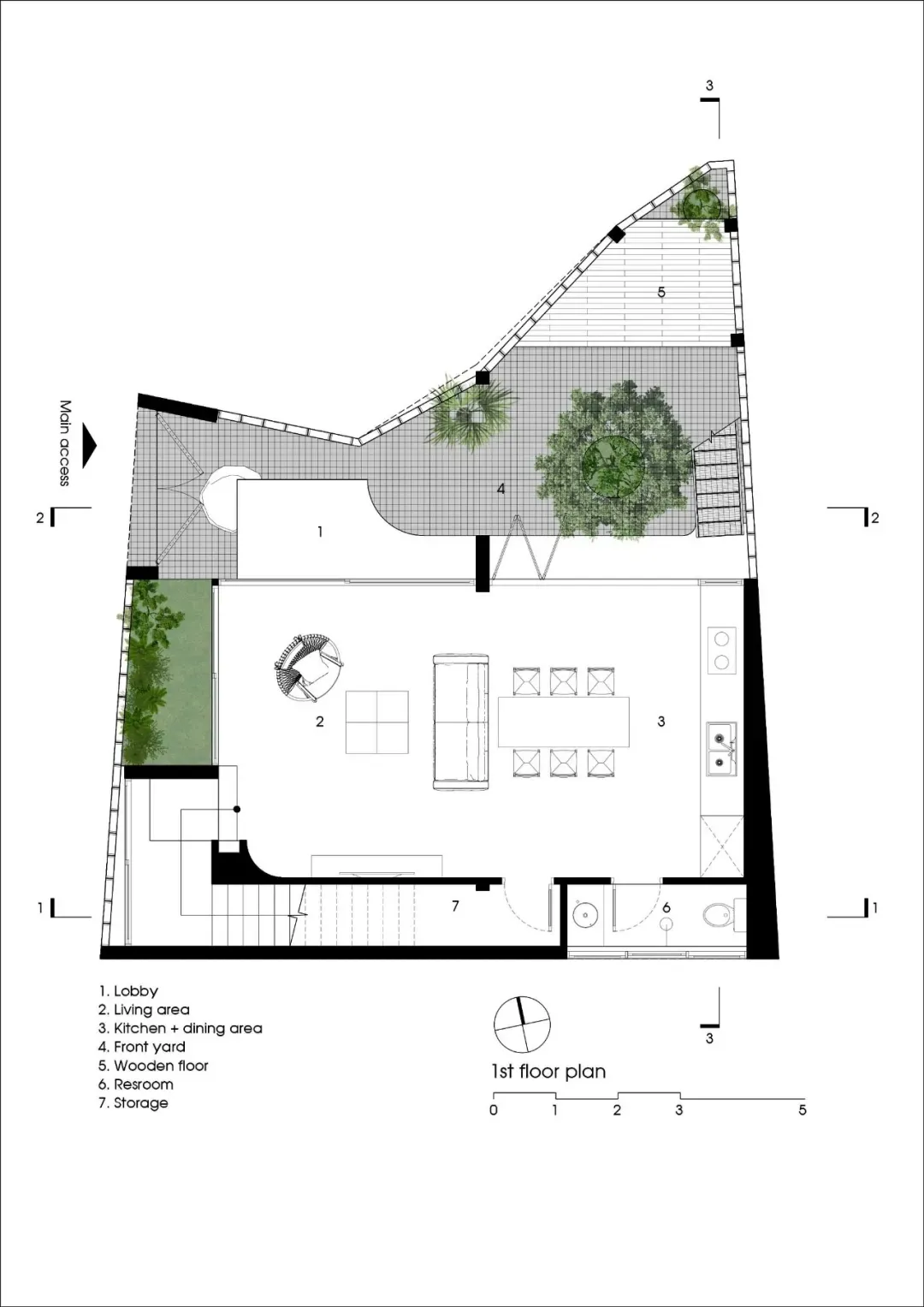 Modern residential floor plan featuring wood and concrete materials.