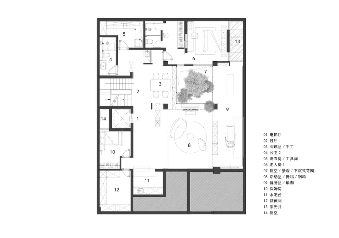 現代住宅室內設計的詳細平面圖，展示各功能區域。