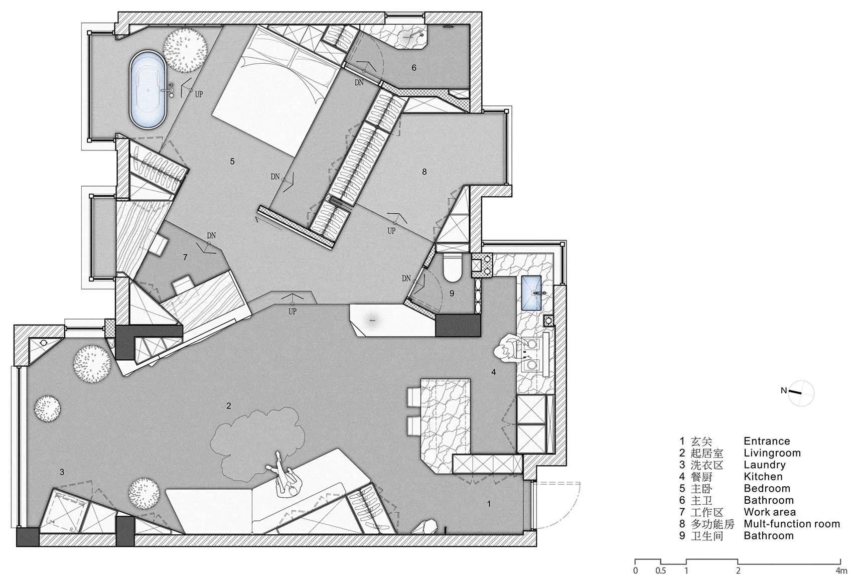 Modern residential interior with concrete, wood, and glass materials.