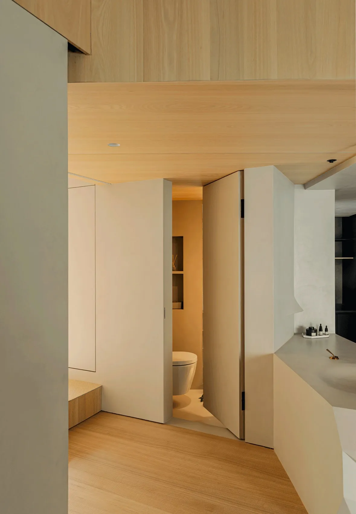Modern bathroom featuring wooden panels and a concrete surface.