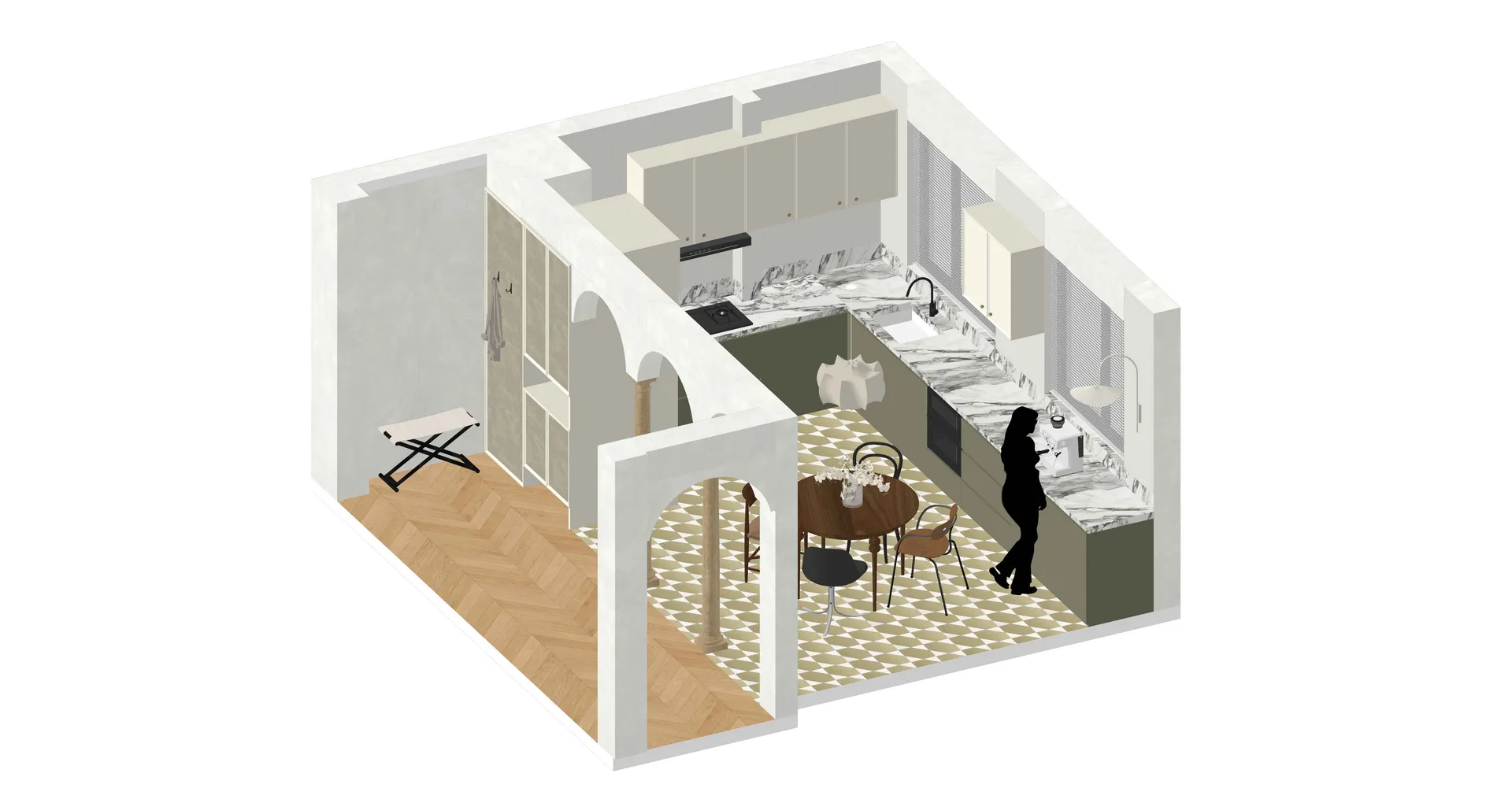 A detailed floor plan of a modern kitchen featuring marble countertops and archways.