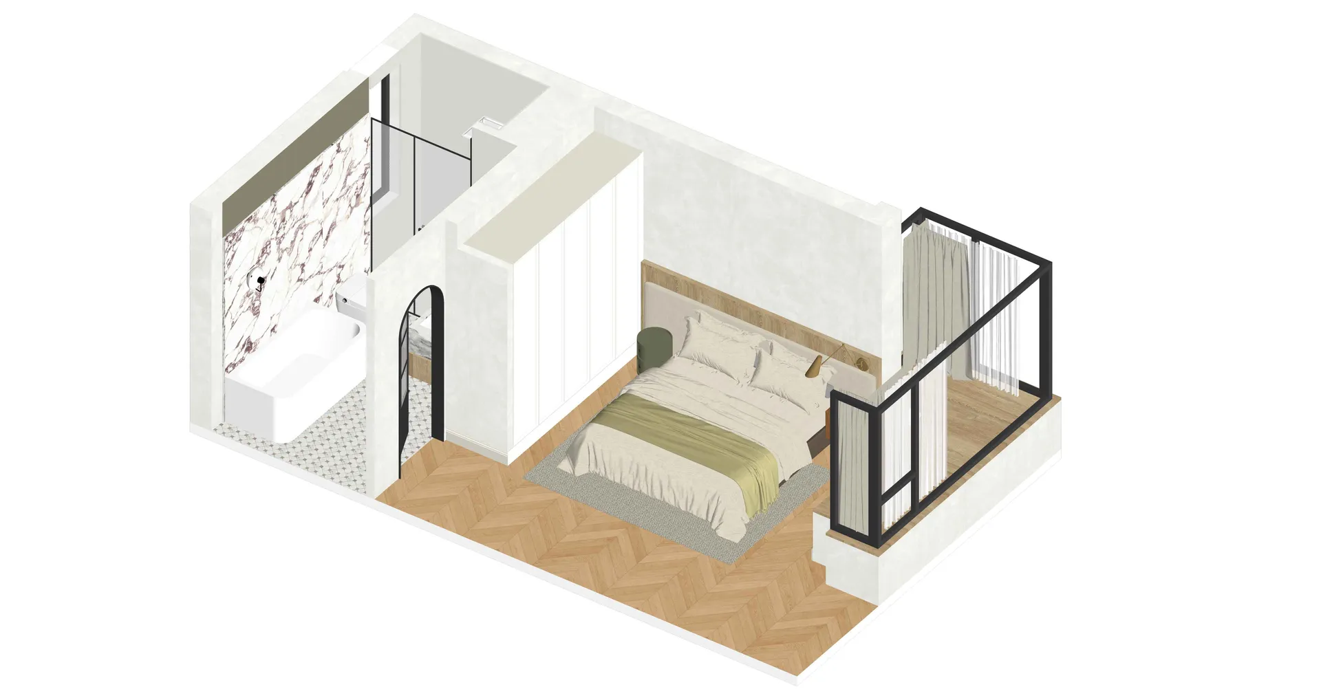Modern minimalist bedroom with a bed, wardrobe, and marble accent wall.