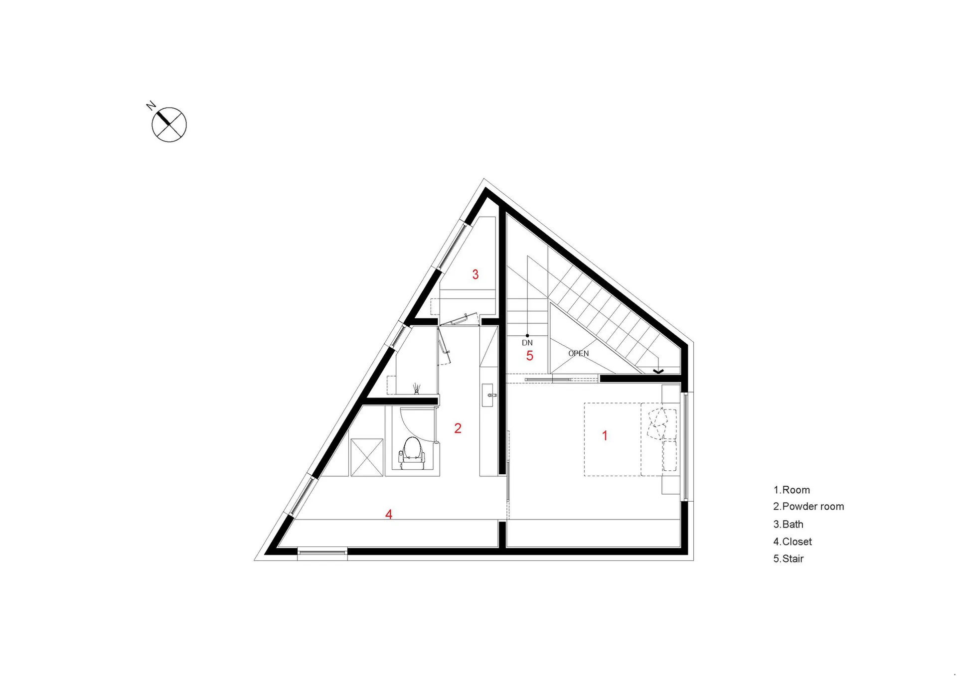 簡約建築平面圖,包含房間、盥洗室、浴室、衣帽間與樓梯。