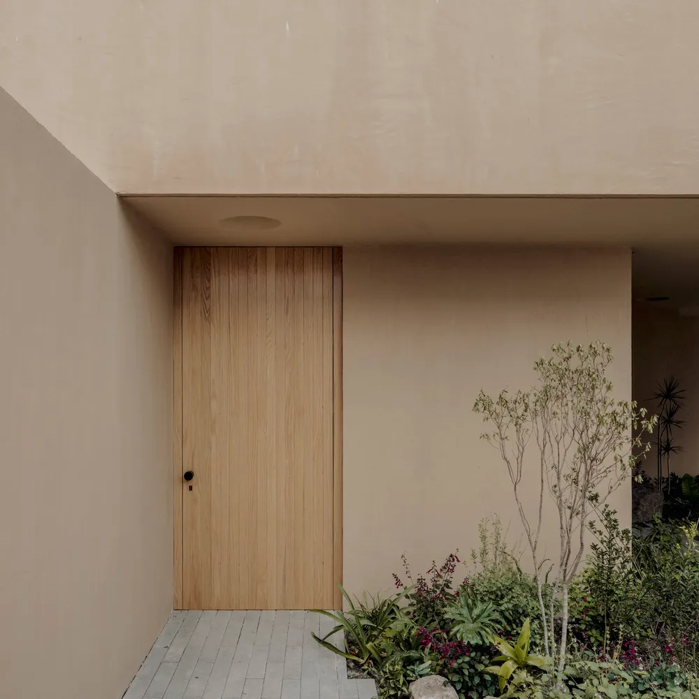 A minimalist front entry featuring a wooden door surrounded by greenery and a tiled pathway.