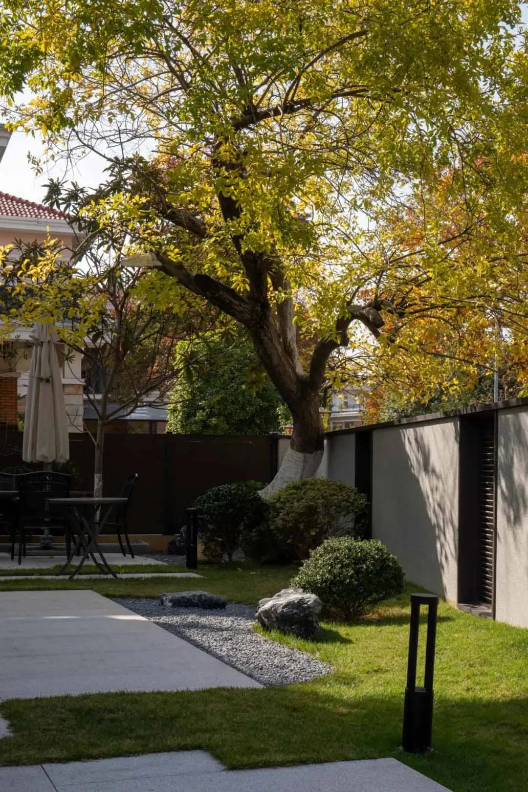 A minimalist landscape design featuring a paved walkway, green lawn, and autumn-colored trees.