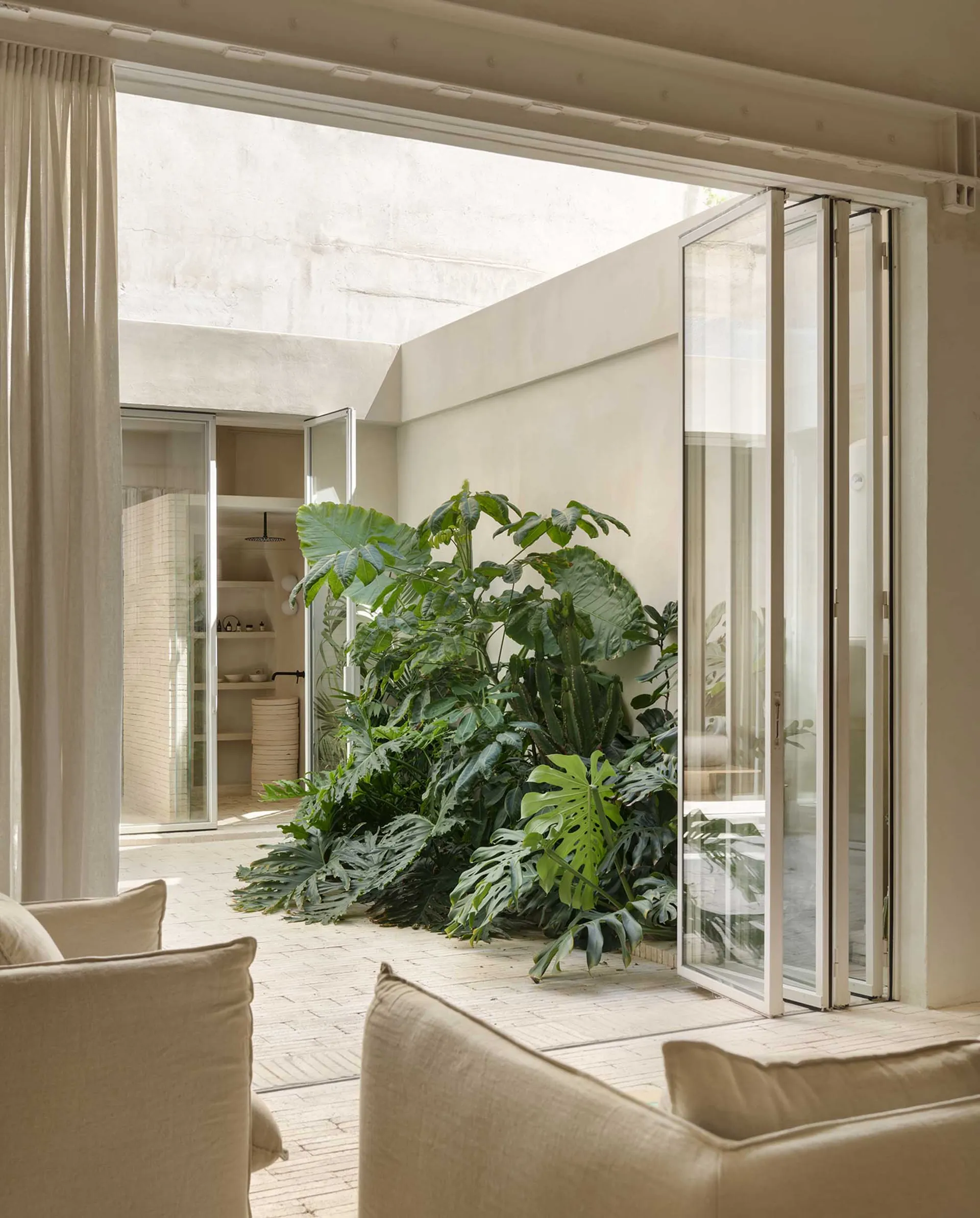 Beige minimalist living room with natural wood and glass elements