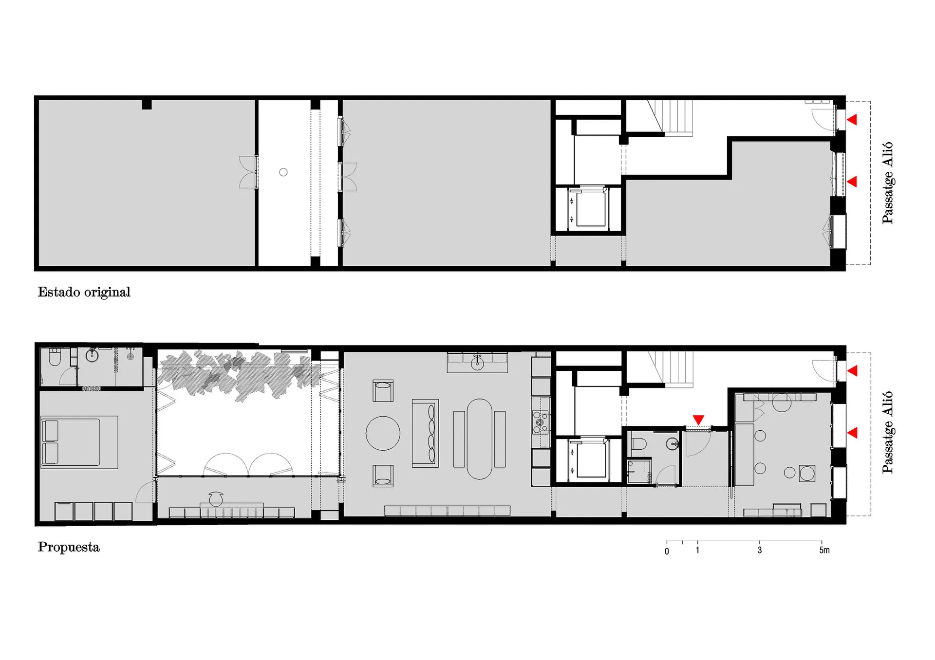 Plan of a modern office space with open-plan layout, workstations, and conference room.