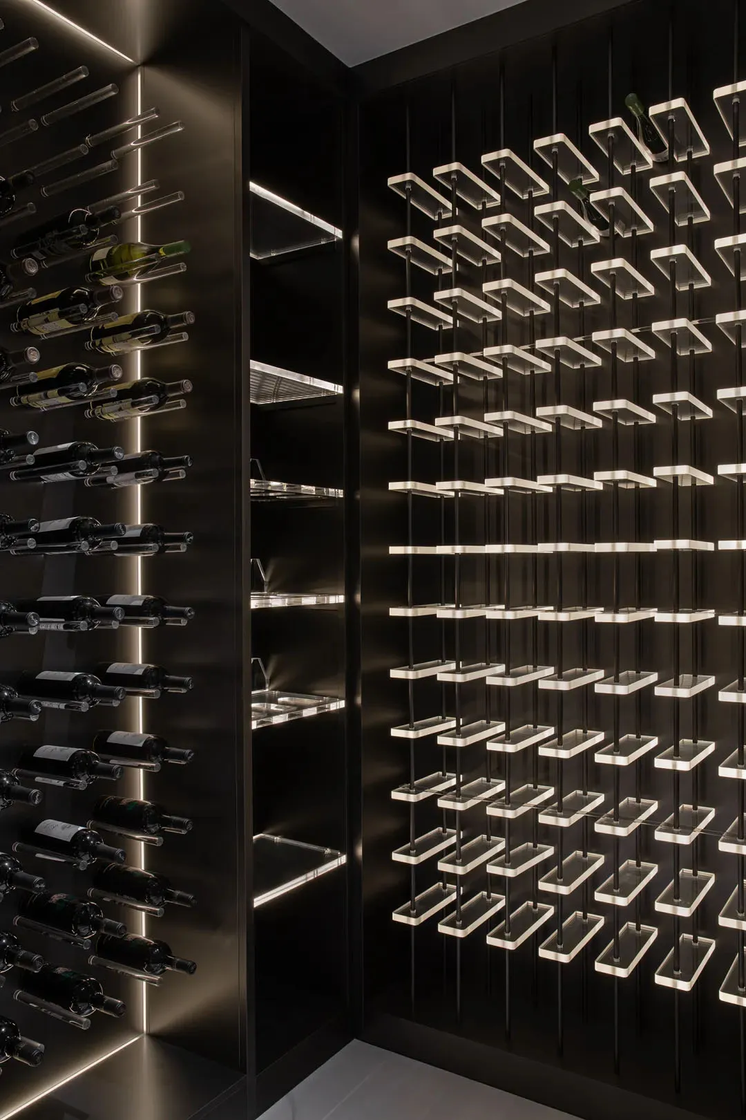 Modern wine cellar featuring black acrylic shelving and metal accents.