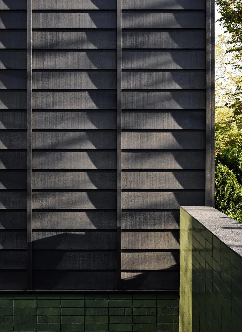 A modern minimalist exterior wall with shadow patterns cast by nearby trees.