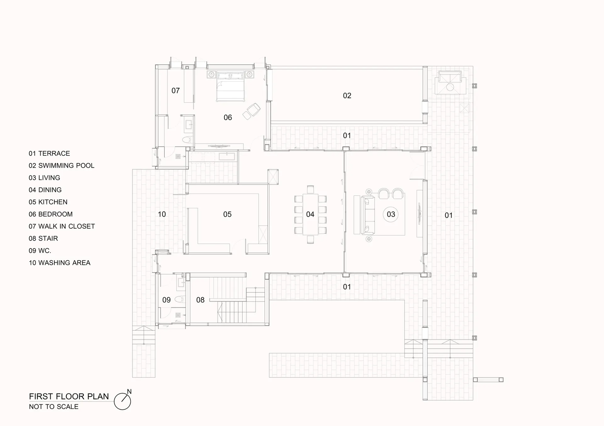 First floor layout of a house plan on paper