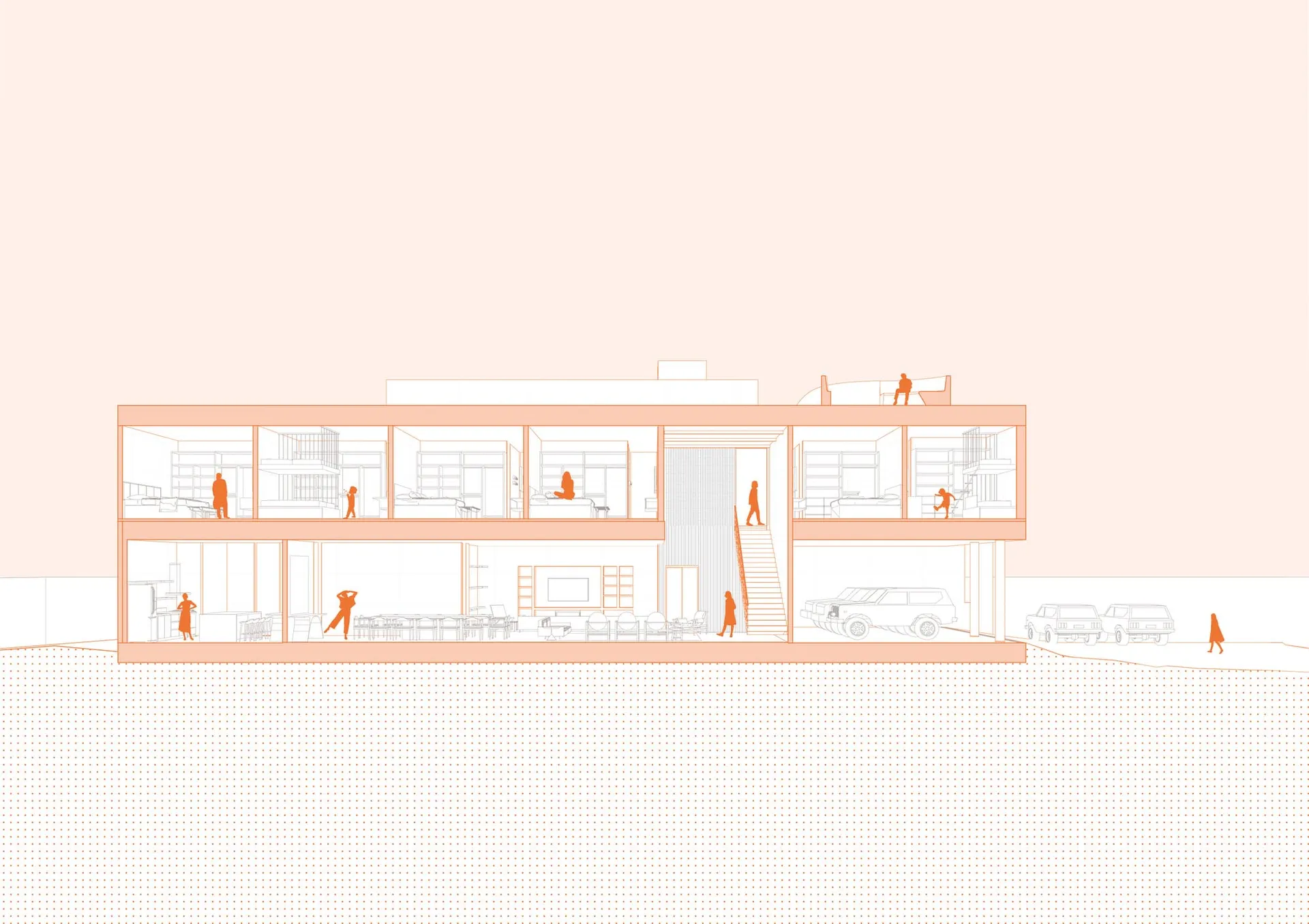 A 2D architectural rendering of a modern apartment interior with various functional zones and people inside.