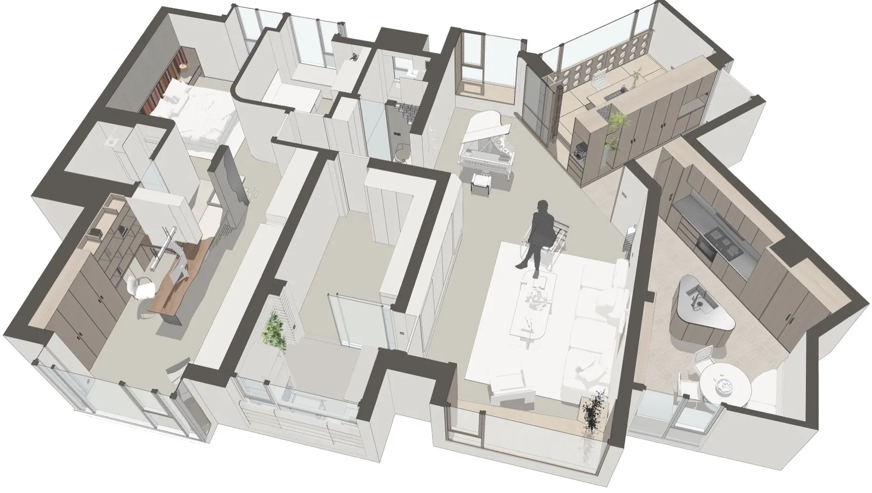 A modern apartment floor plan featuring neutral materials such as light wood and beige tones.